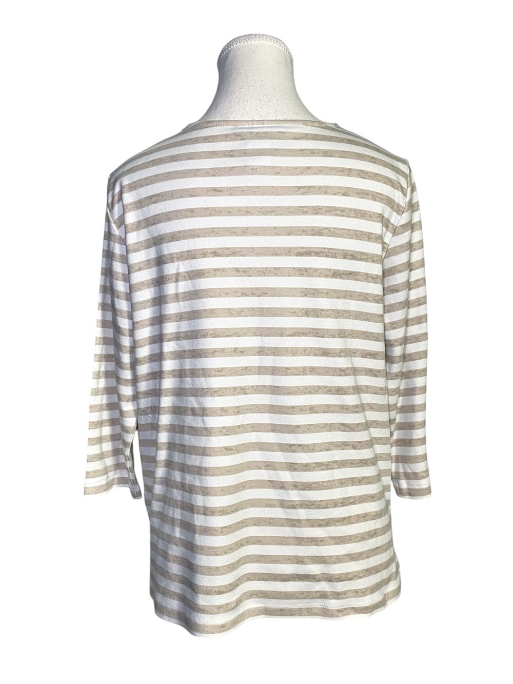 Alfred Dunner Top Size S Tan White Striped Floral Embellished 3/4 Sleeve - Picture 2 of 13